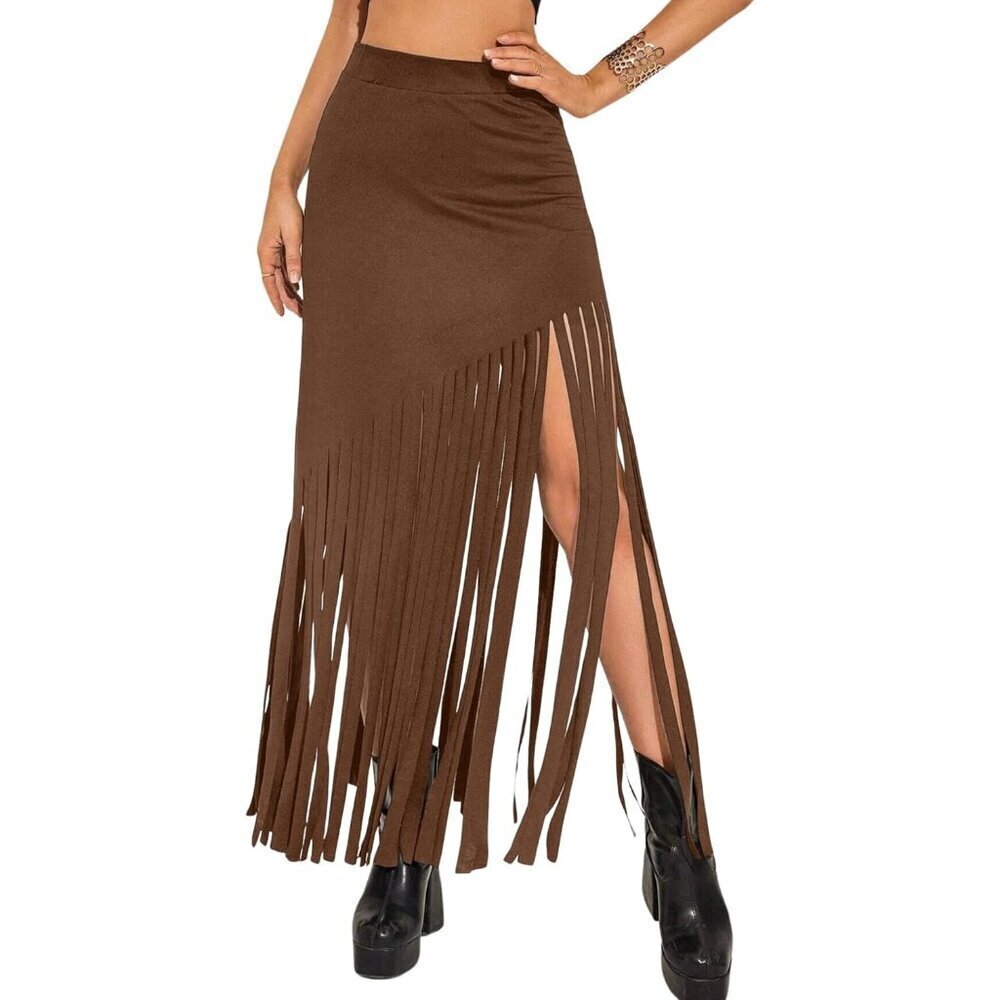 Women's Deep Brown Cowgirl Fringe Maxi Skirt Tassel High Waist Long Pencil Skirt
